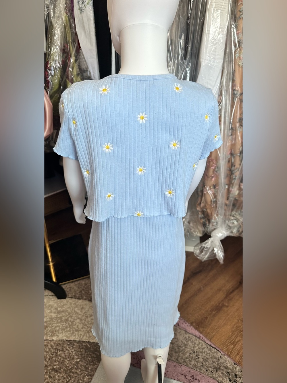 Btween Girls Blue Daisy Ribbed Dress & Matching Tie-Front Shrug Set - Picture 4 of 9